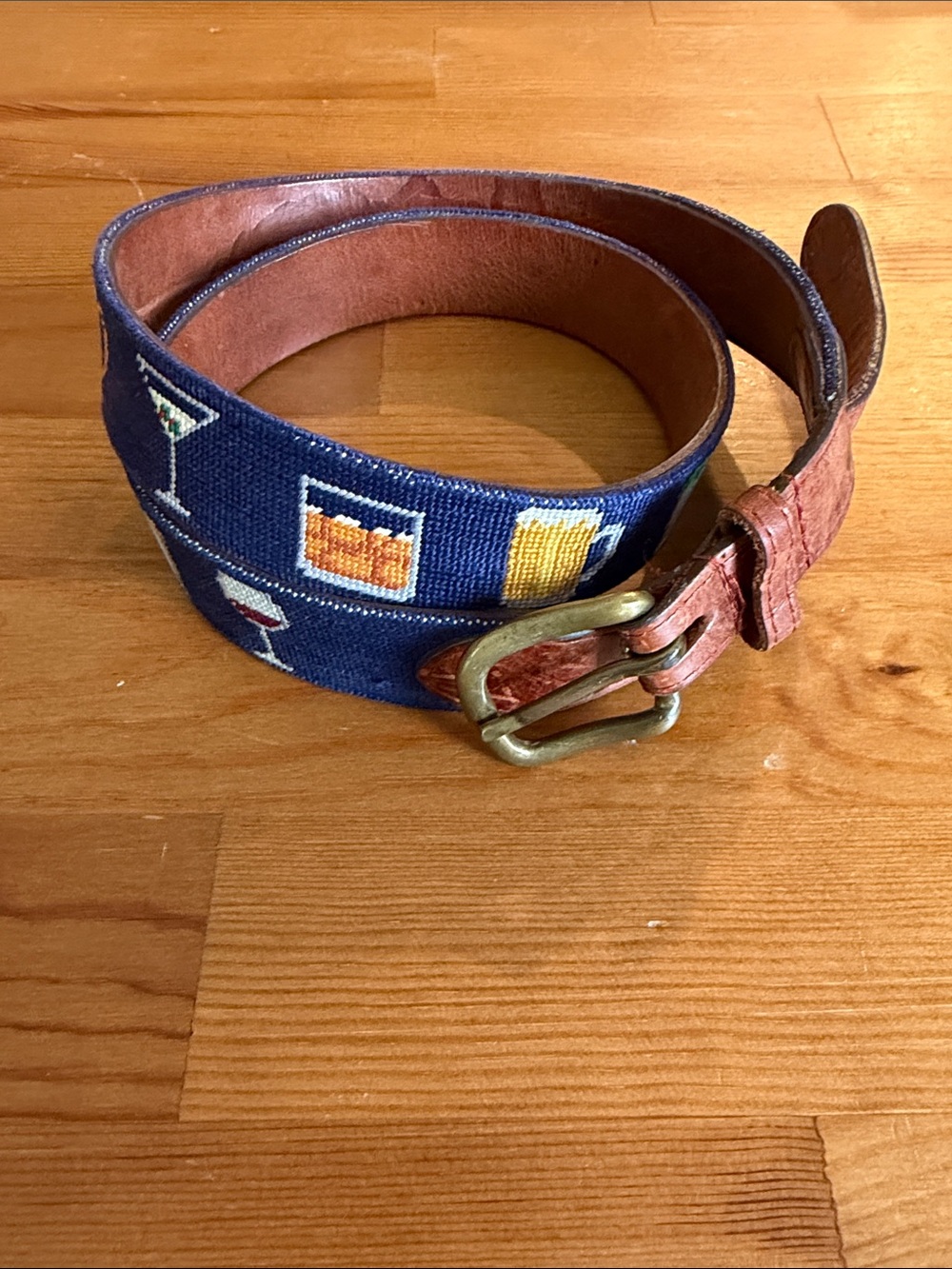 Navy Embroidered Drinks Canvas Belt with Leather Trim